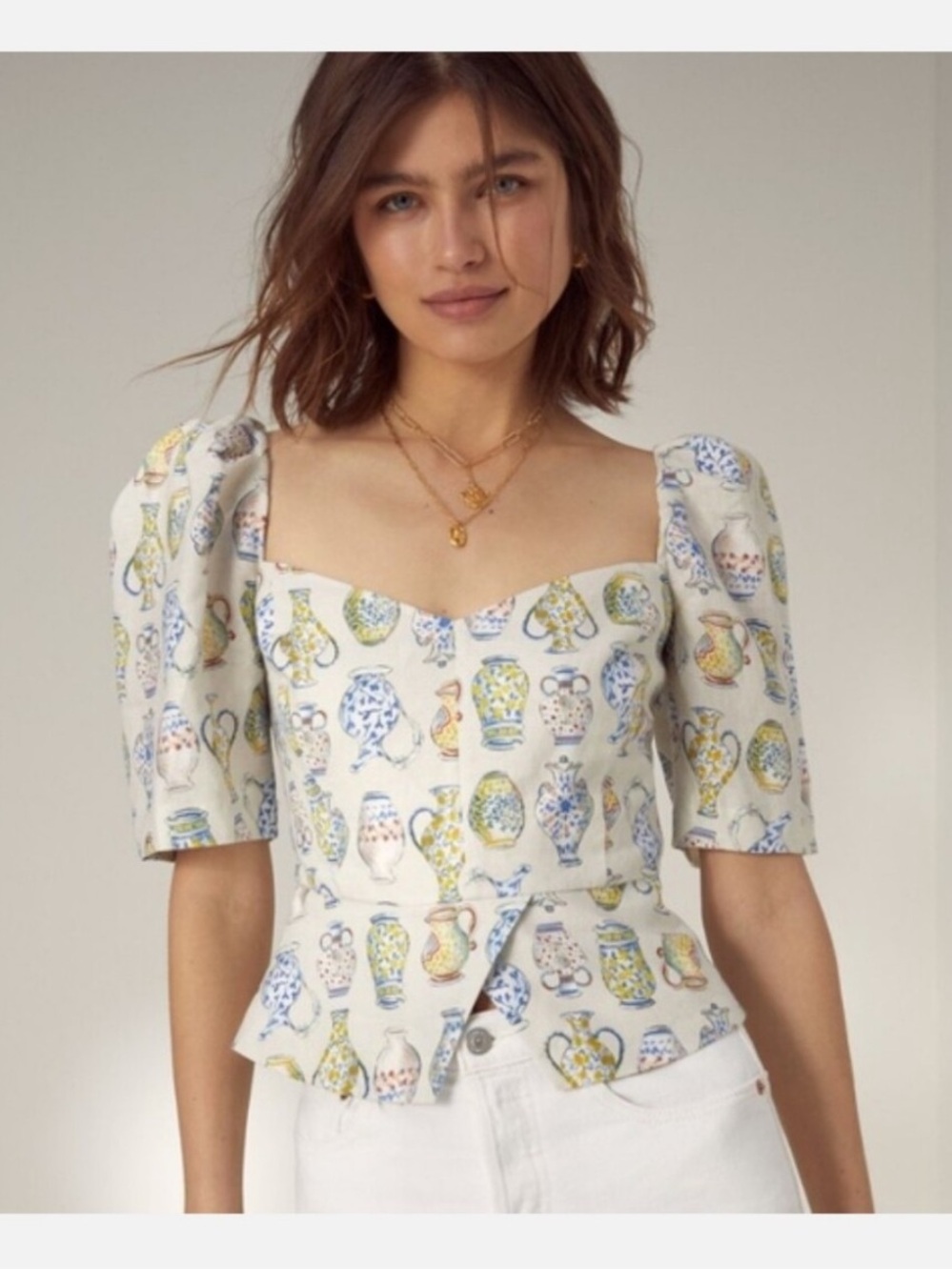 Aritzia - Wilfred Linen Fatale Blouse Puff Sleeves and Vase Print NWOT